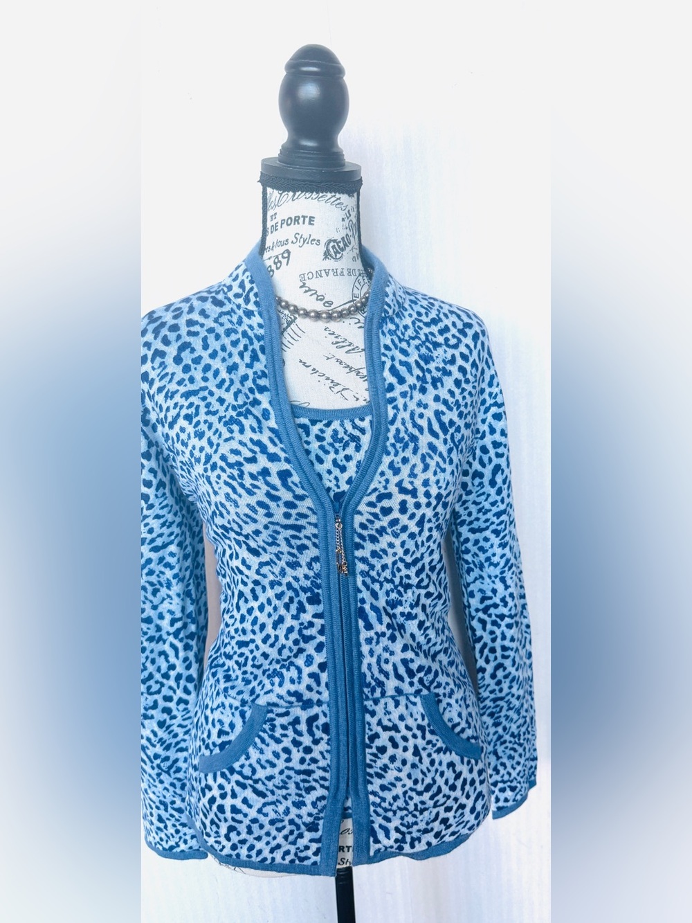 St. John Blue Leopard-Print Zip Front Cardigan set